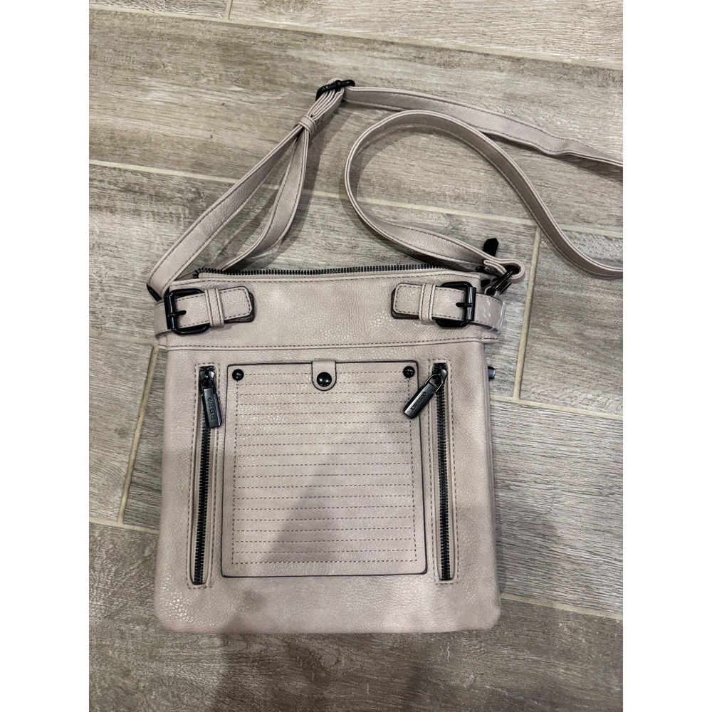 Gusacci Taupe Crossbody Bag Faux Leather Multi Pocket Zip Adjustable Strap
